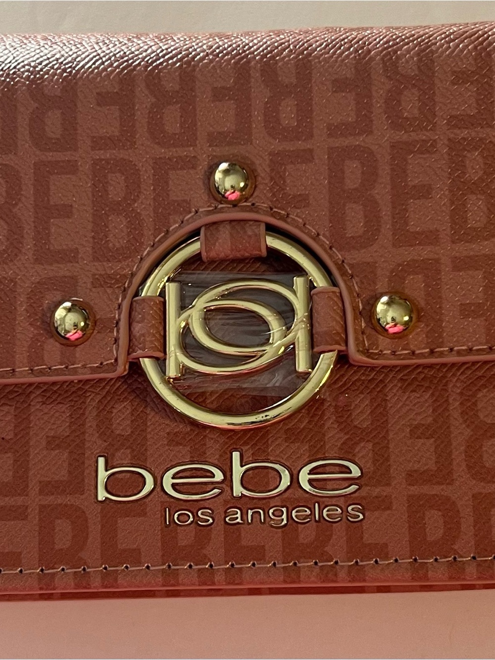 NWT Bebe Kira Logo Crossbody Dusty Rose Gold Chain MSRP $79